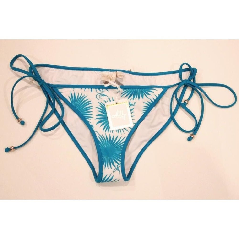 MILLY CABANA Side Tie BIKINI Swim BOTTOM Aqua White ITALY Fabric FLORAL ( L )